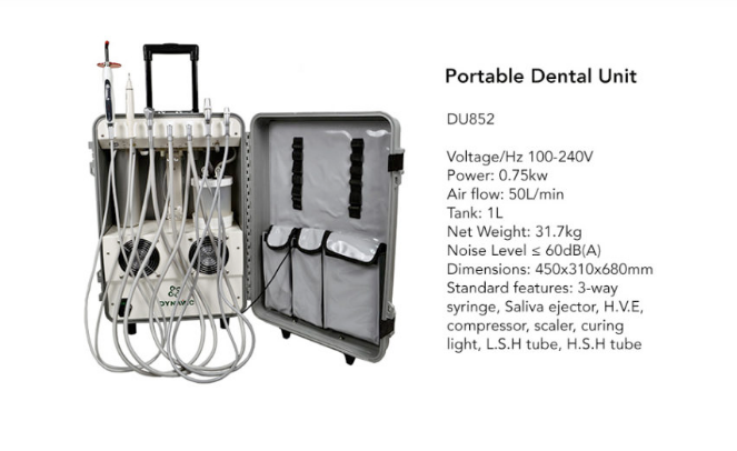 Dynamic® DU852 Portable Dental Unit Air Compressor + Ultrasonic Scaler + Curing Light