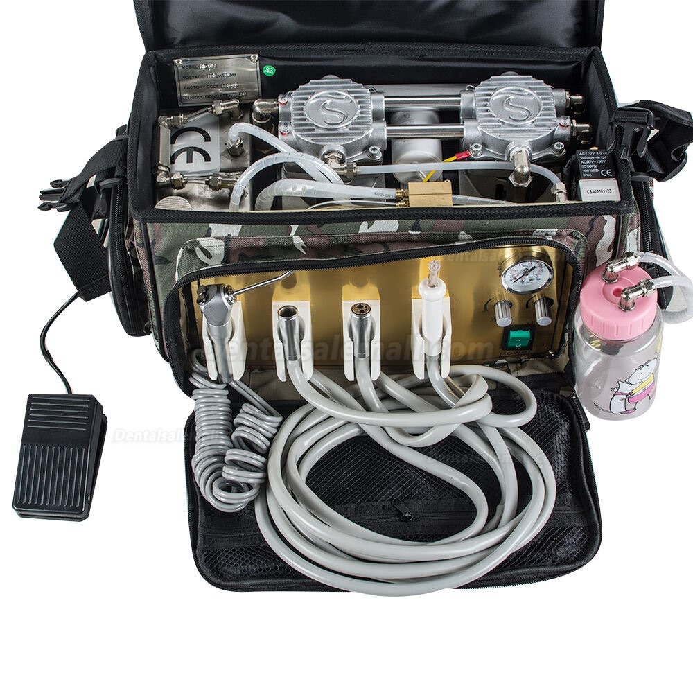 Portable Dental Unit Backpack with Compressor + 3 Way Syringe + Suction + Tube 4H