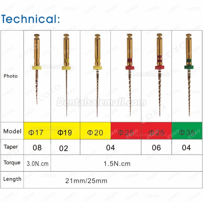 6Pcs COXO Endodontic Niti Files Dental Root Canal Files 25mm /21mm Assorted Endo Rotary Files