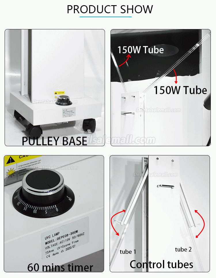300W UVC +Ozone Disinfection Lampe Ultraviolet Light Sterilizer Trolley with Radar Sensors