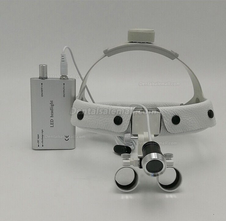 3.5X420mm Dental Surgical Binocular Leather Headband Loupe + LED Headlight Black