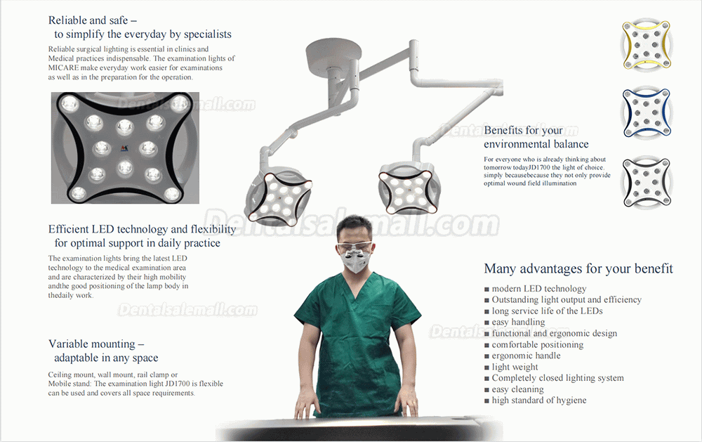 JD1700 Double Head Ceiling-mouted Dental LED Operating Light Medical Vet Operating Surgical Lamp