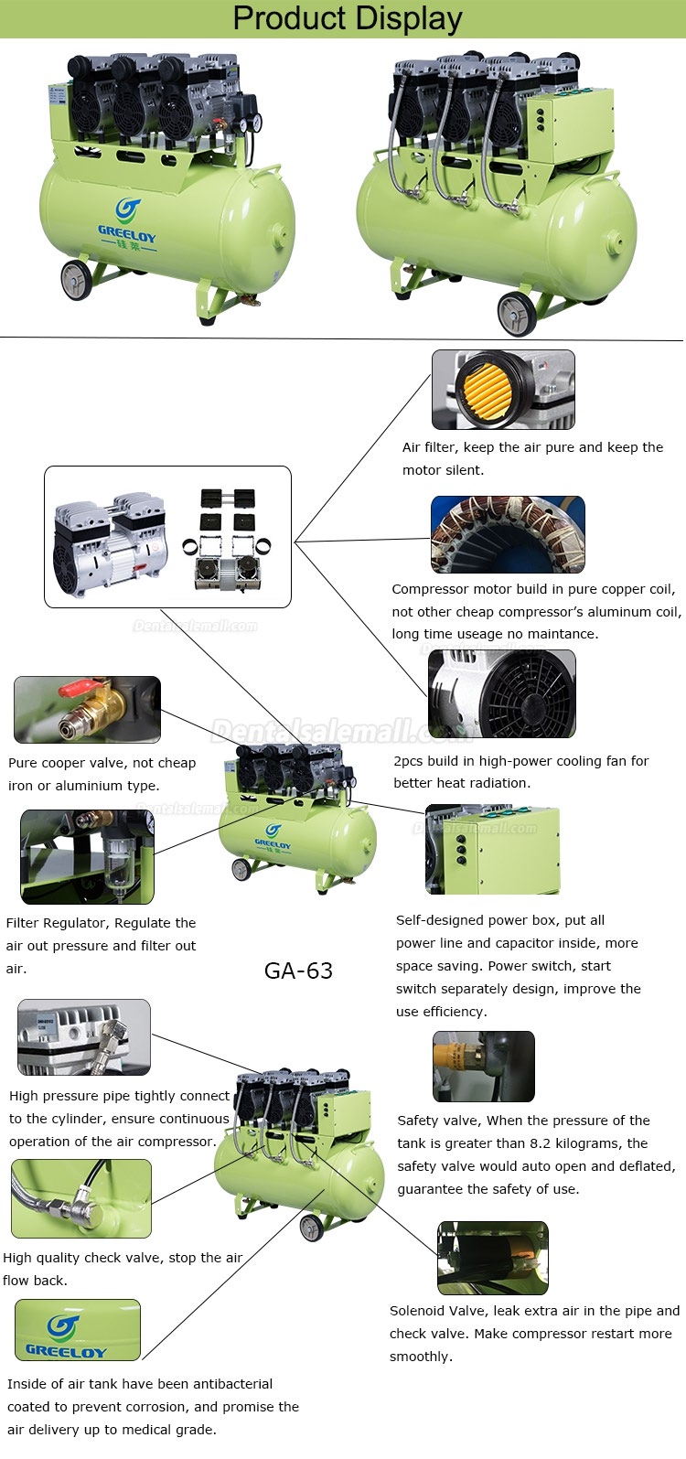 Greeloy GA-63XY 90L Dental Air Compressor Ultra Quiet with Drier and Silent Cabinet