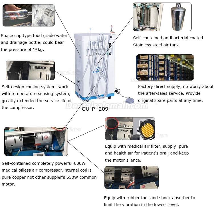 GREELOY GU-P209 Dental Delivery Unit Mobile Cart Self-contained Air Compressor+ Scaler+ LED Curing Light