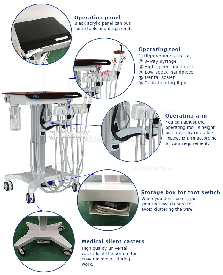 Greeloy GU-P302S Mobile Dental Adjusted Treatment Cart Unit + Ultrasonic Scaler + Air Comprssor GA-P300