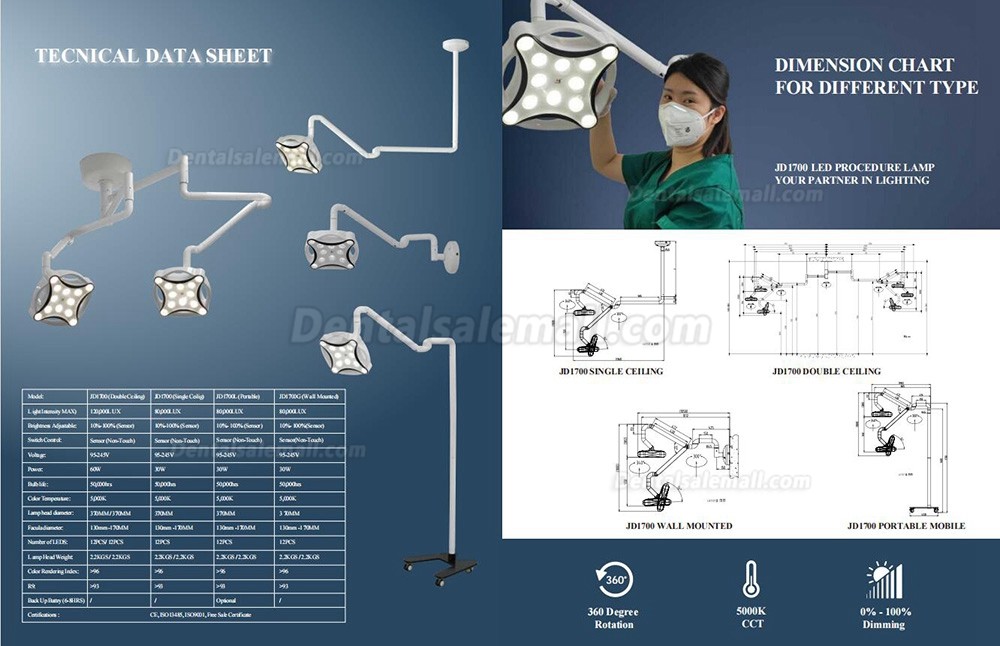 JD1700 Double Head Ceiling-mouted Dental LED Operating Light Medical Vet Operating Surgical Lamp