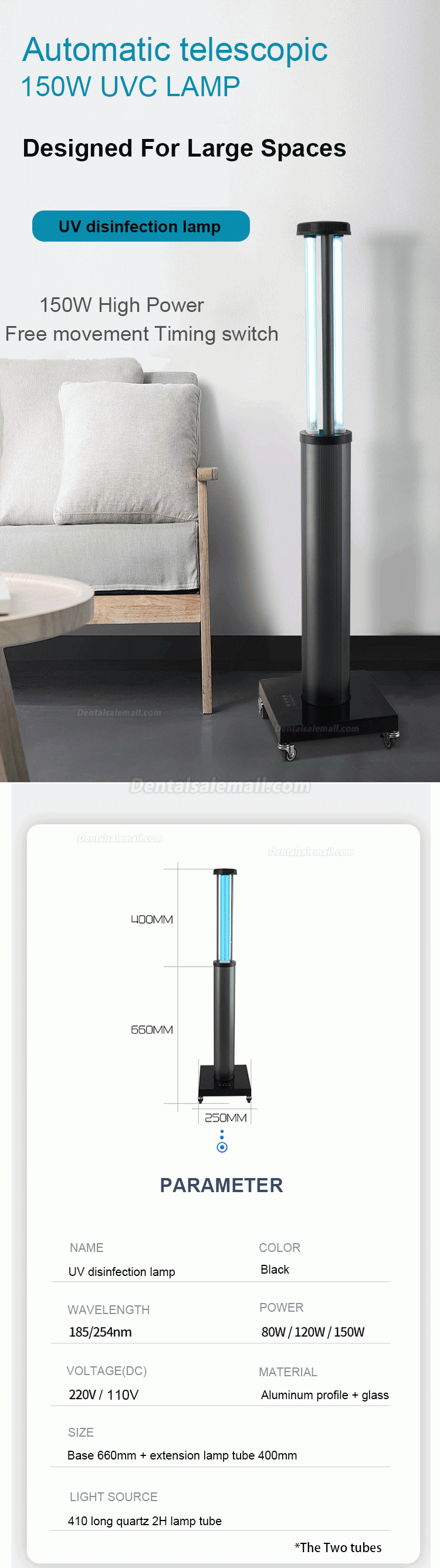 150W Mobile Human Body Induction UV Room Sterilizer Lamp UVC Disinfection light with Radar Sensors