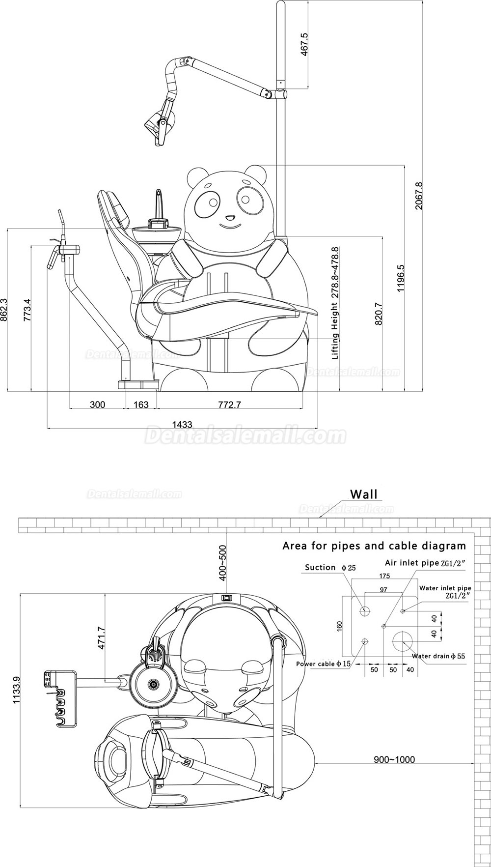 Cute comfortable children dental chair Panda shape and ocean style dental chair for children