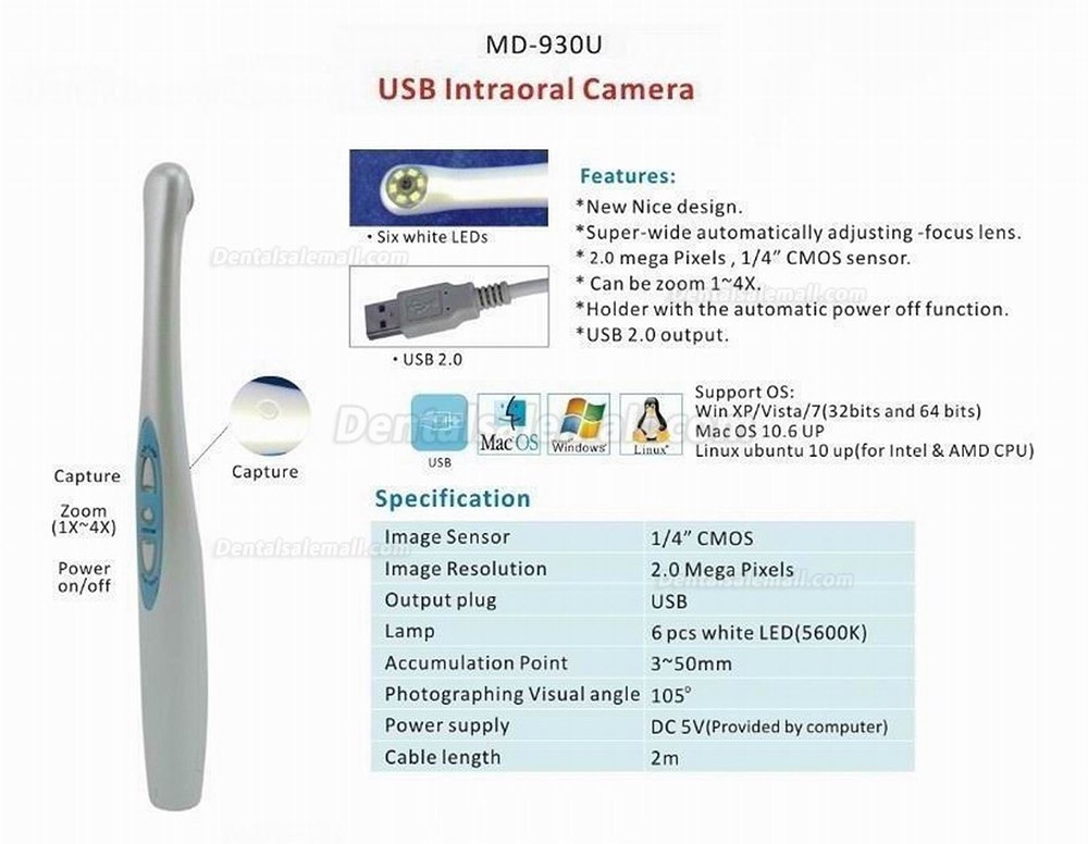 1PCS Dental LED Intraoral Camera 2.0 Mega Pixels USB 2.0 MD930U 1PCS Dental LED Intraoral Camera 2.0 Mega Pixels USB 2.0 MD930U