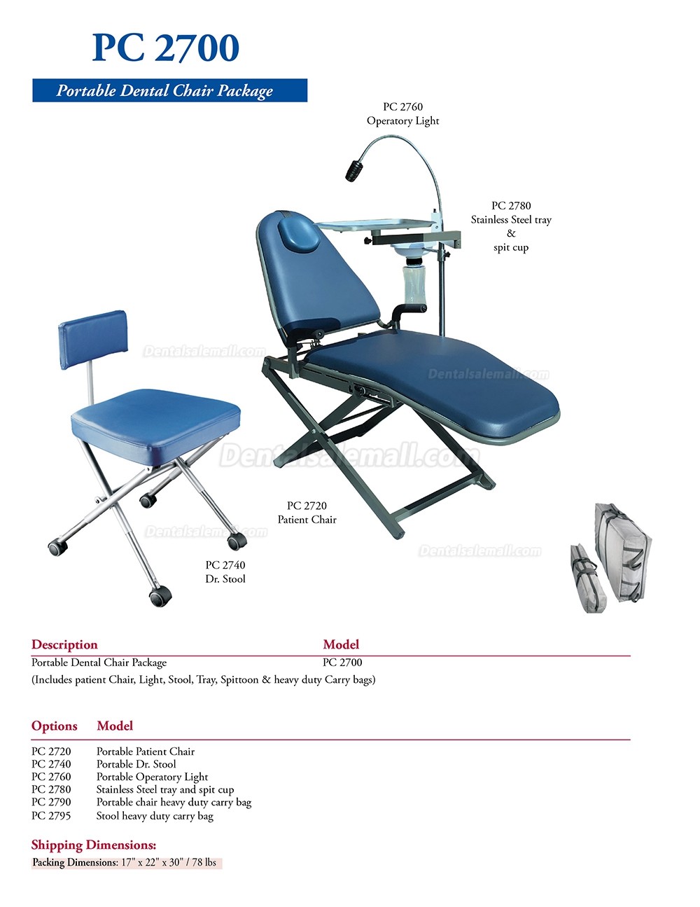 TPC Dental Portable Chair Unit with Cuspidor LED Light + Dental Stool Carry Bags