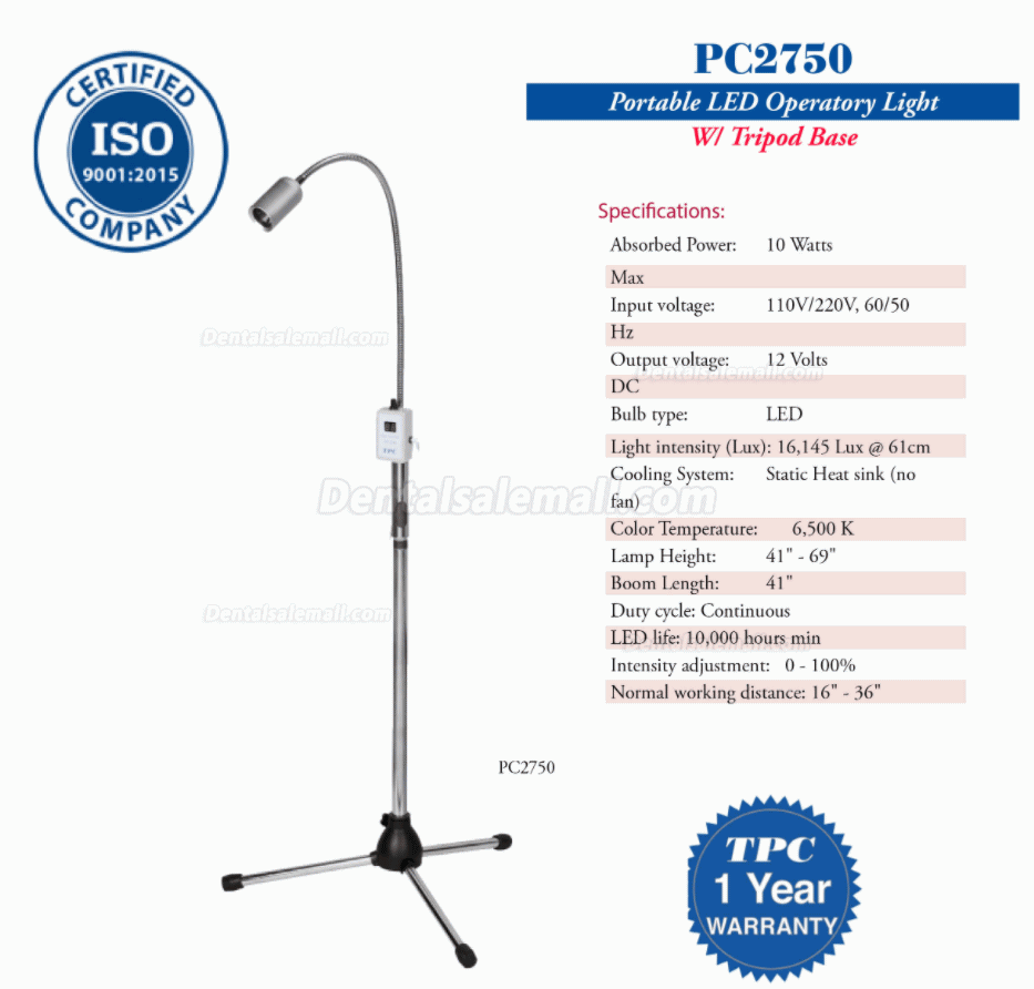 TPC PC2750 Portable Dental LED Operatory Light with Tripod Base