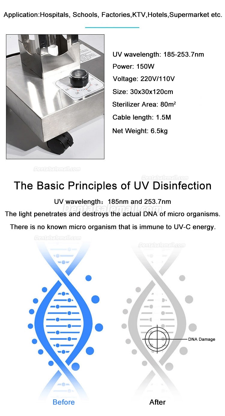 150W Mobile UV + Ozone Disinfection Trolley UVC Lamp Sterilization Lamp Ultraviolet Germicidal Light