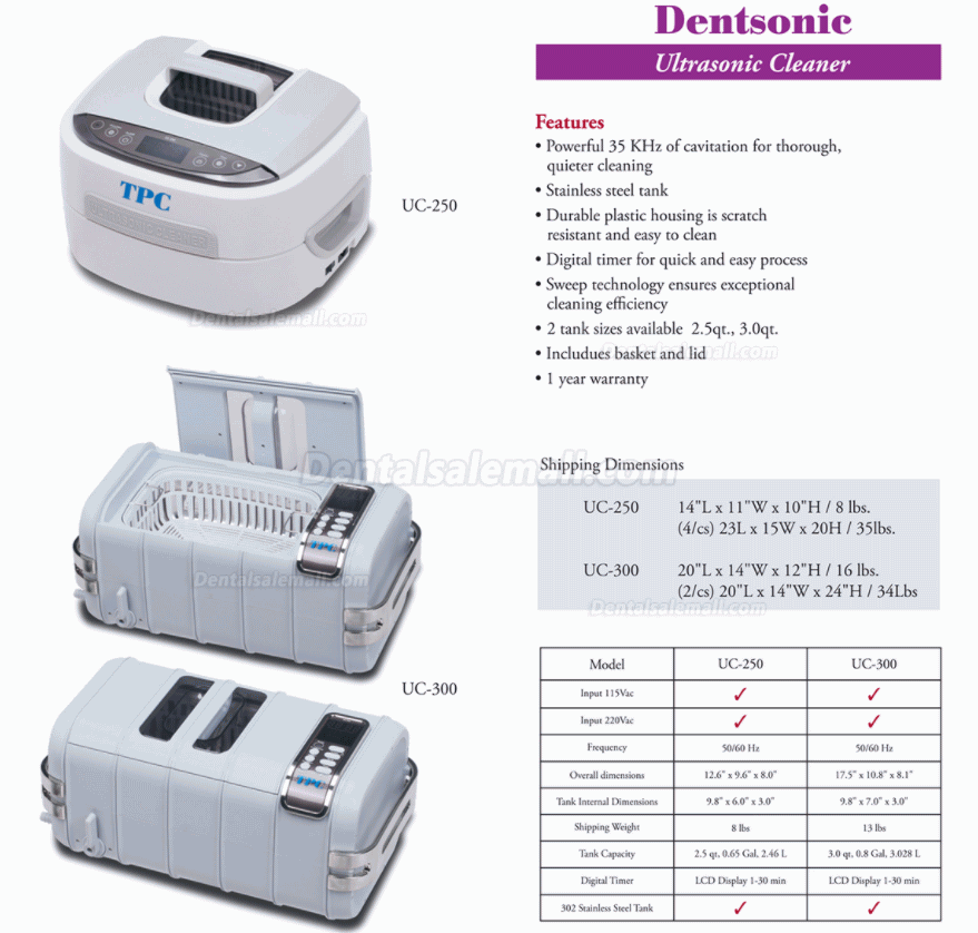 TPC UC250 Dentsonic Ultrasonic Cleaner w/ Timer Stainless Steel Tank