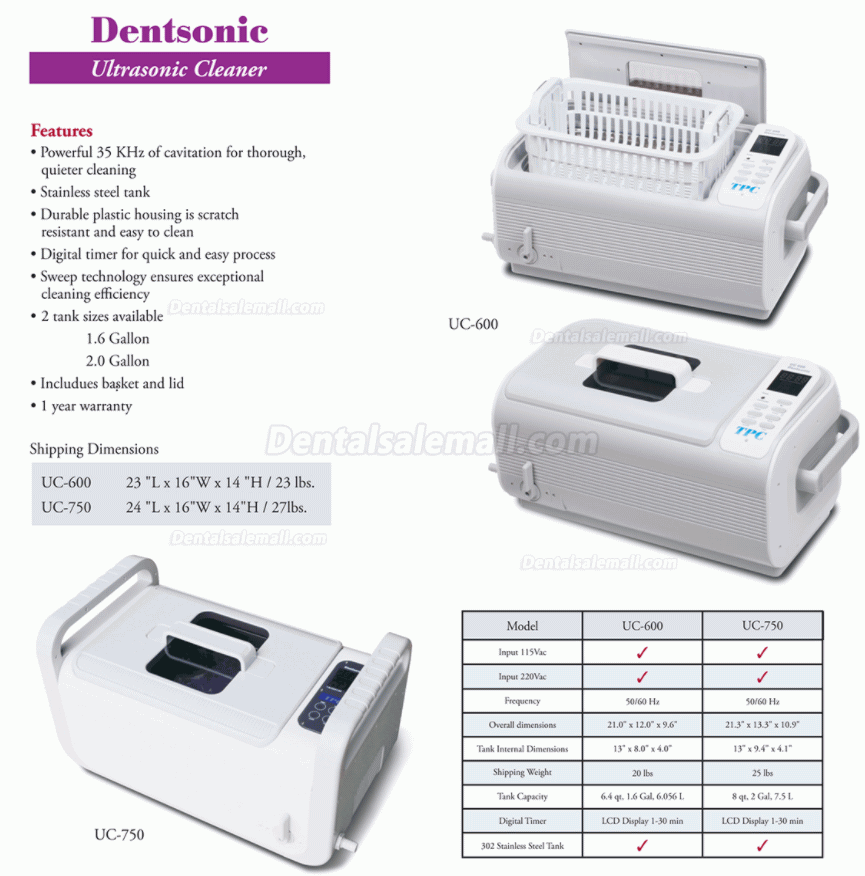 TPC UC600 Dentsonic Ultrasonic Cleaner with Digital Timer and Heater Stainless Steel Basket