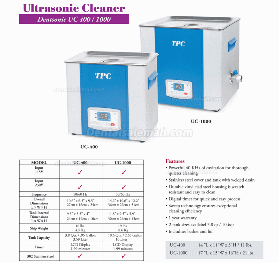 TPC Stainless Steel Dental Ultrasonic Cleaner with Digital timer & Basket UC-400 UC-1000