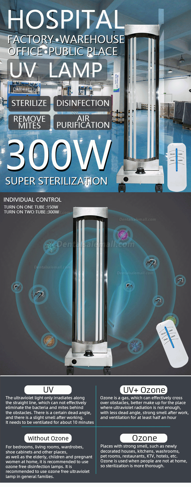 300W UV Ozone Sterilizer Wheel Germicidal Lamp Professional UVC Light Sterilization Hospital Disinfection UV Light Trolley