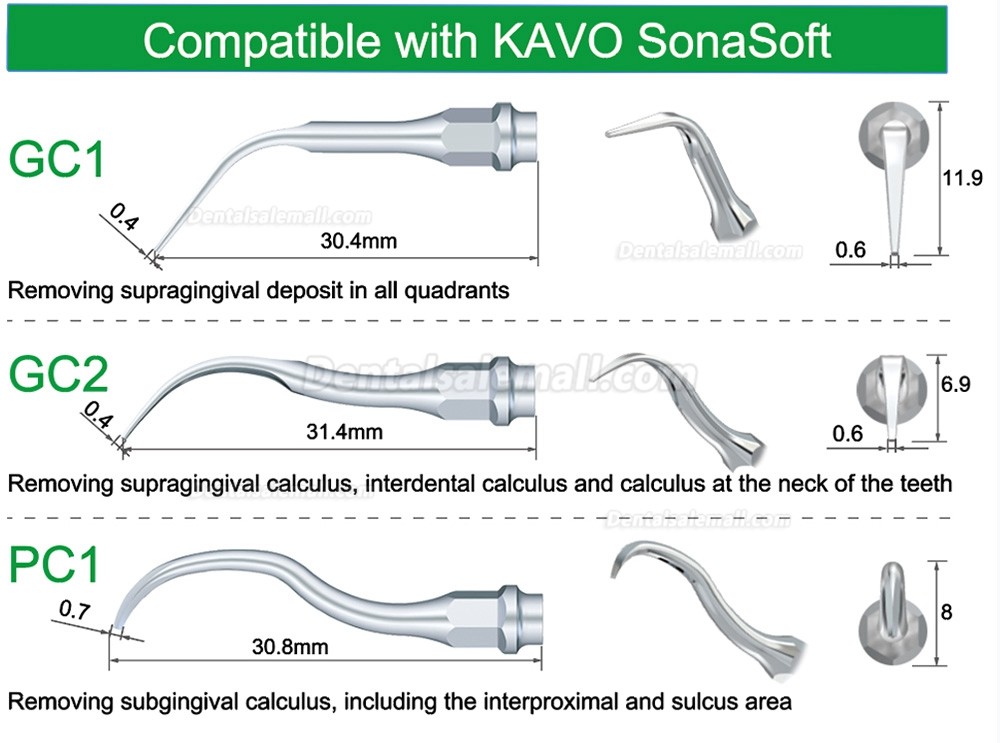 5Pcs Ultrasonic Scaling Tips GC1 GC2 PC1 Compatible with Compatible with KAVO SonaSoft scaler
