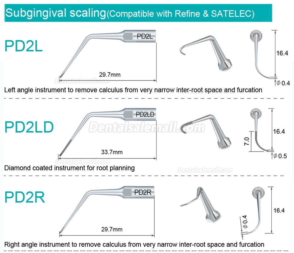 10Pcs Dental Scaler Scaling Tips PD2L PD2LD PD2R PD2RD PD5 PD6 PD7 PD8 PD10 Compatible with Refine SATELEC NSK DTE GNATUS Scaler Handpiece