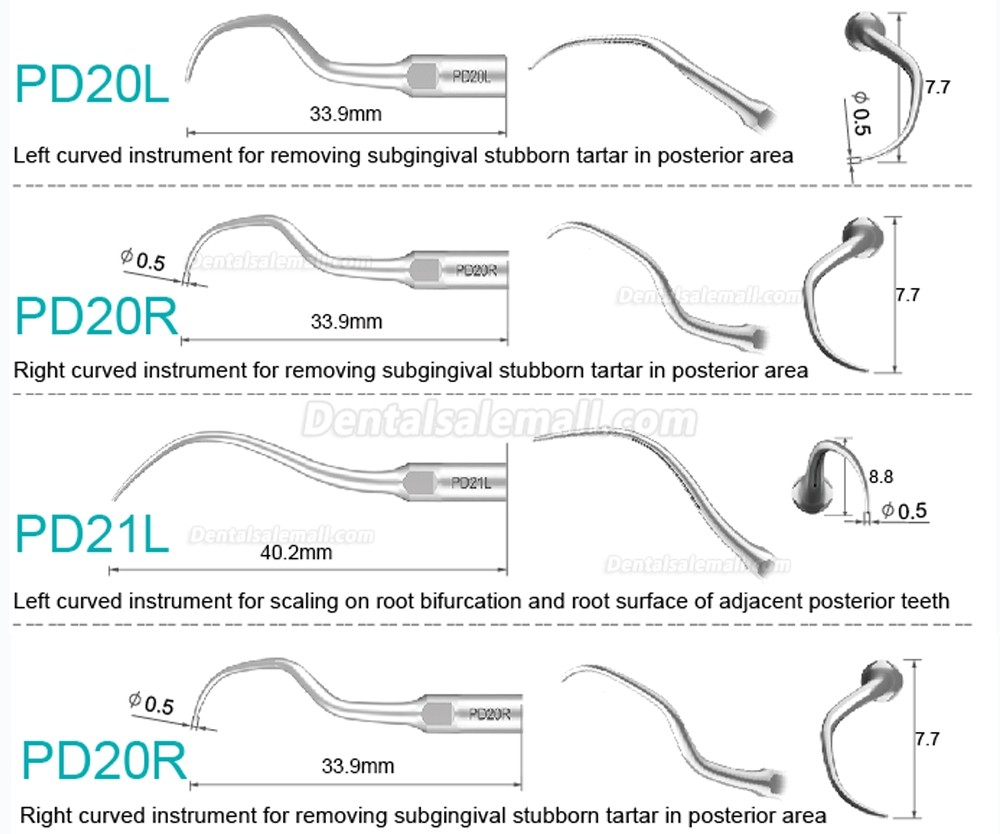 10Pcs Dental Scaler Scaling Tips PD2L PD2LD PD2R PD2RD PD5 PD6 PD7 PD8 PD10 Compatible with Refine SATELEC NSK DTE GNATUS Scaler Handpiece