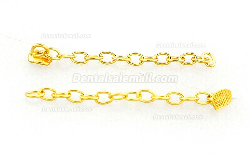 10 Pcs Dental Orthodontic Traction Rectangular Button With Chain 18K Gold Plated