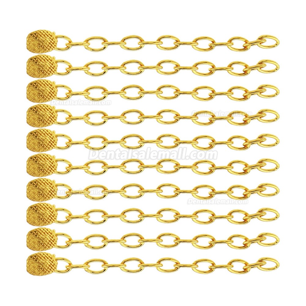 10 Pcs Dental Orthodontic Traction Rectangular Button With Chain 18K Gold Plated