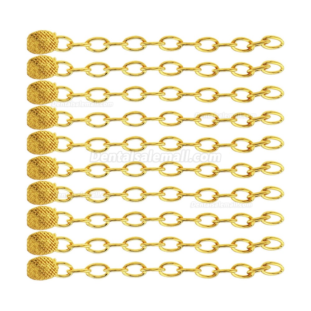 10 Pcs Dental Orthodontic Traction Rectangular Button With Chain 18K Gold Plated